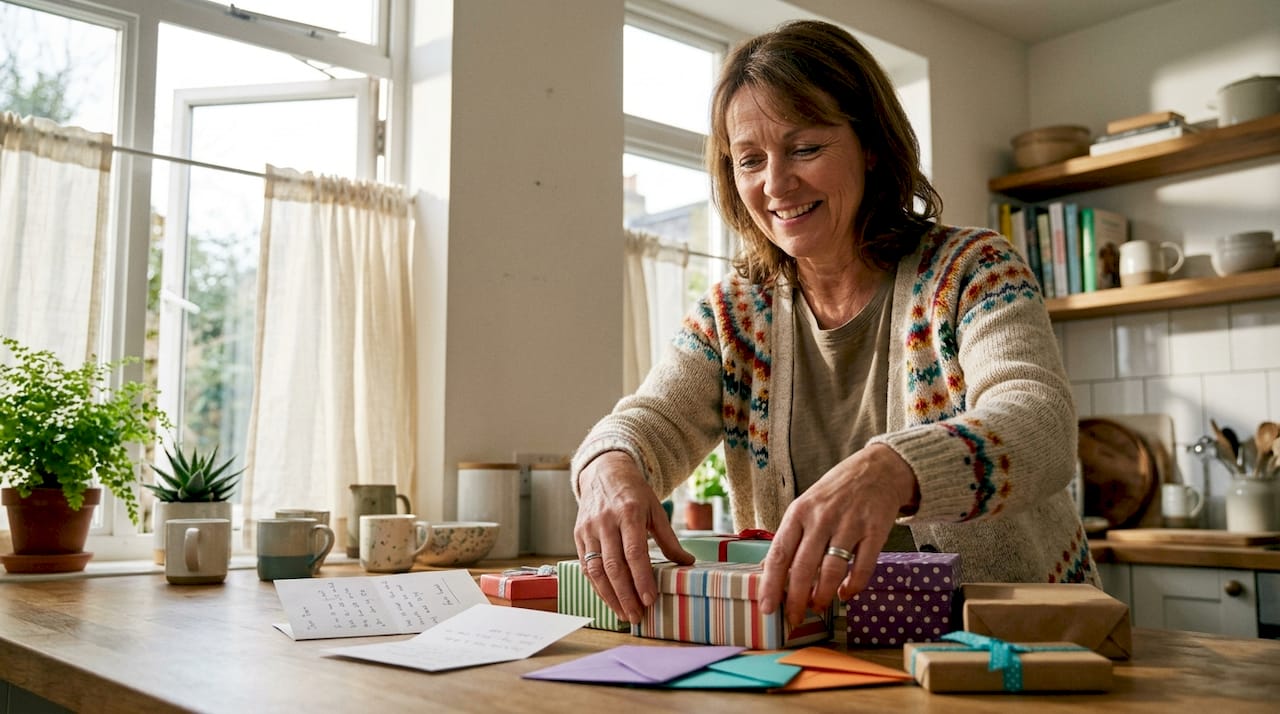 Woman planning surprise gifts at home table