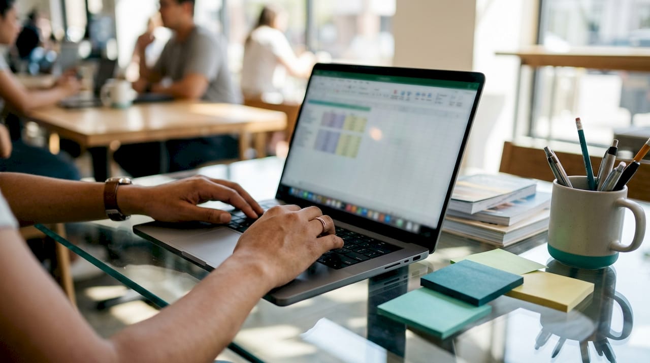 Hands typing Christmas gift list on laptop