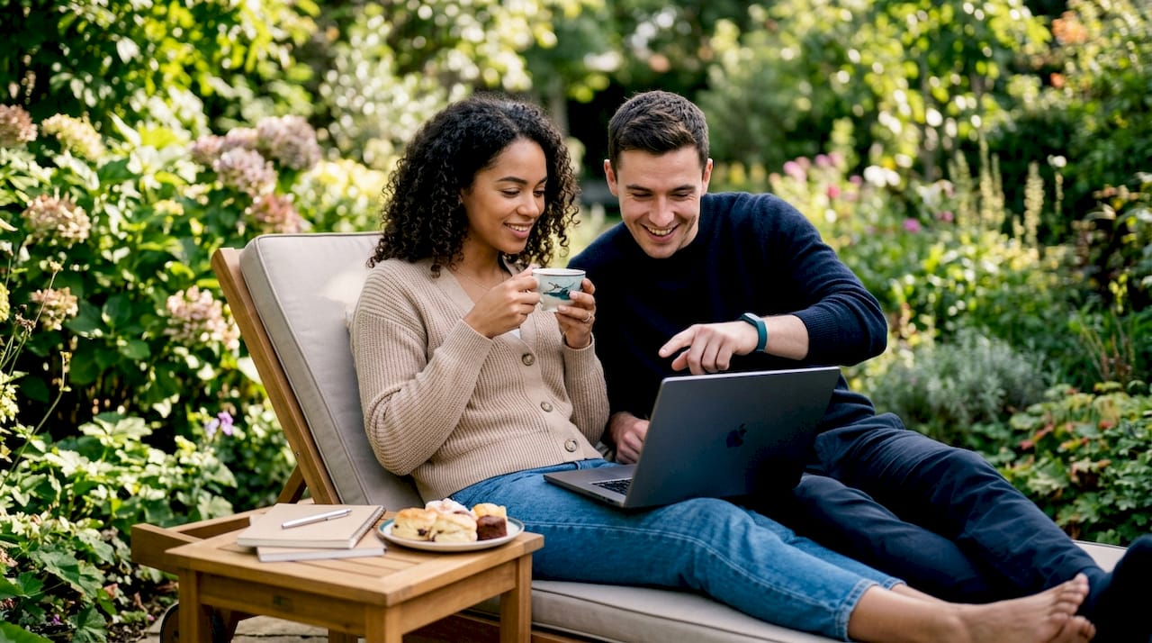 Couple browsing wedding gift registry at kitchen table
