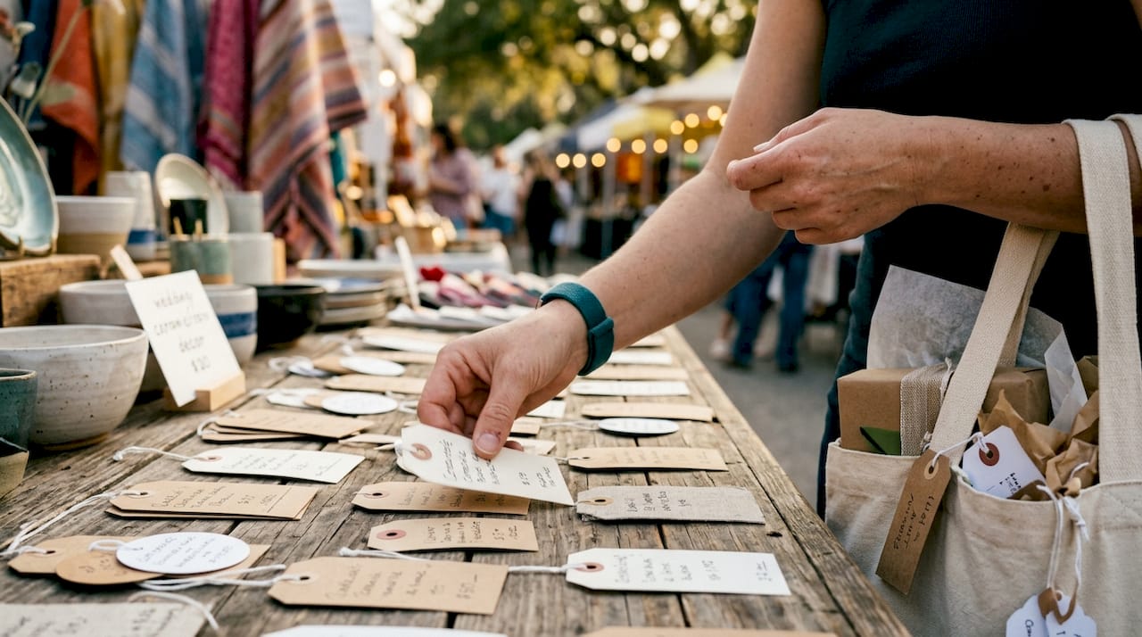 Hands sorting wedding registry gift price tags in boutique