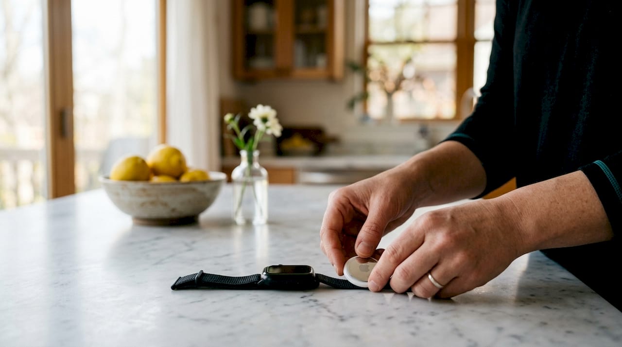Hands holding AirTag and smartwatch on table