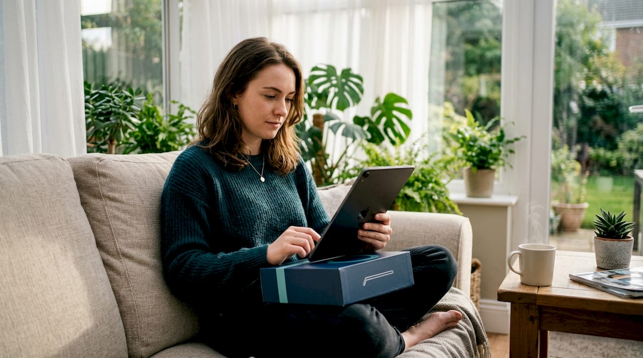 Woman reviewing electronics wishlist at desk