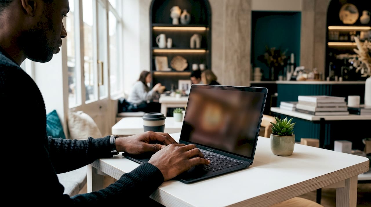 Hands typing laptop login for wishlist sync