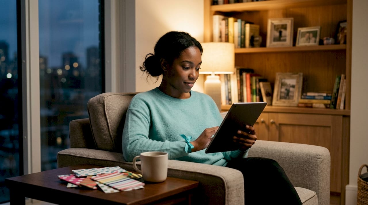 Woman browsing gift ideas on tablet at home