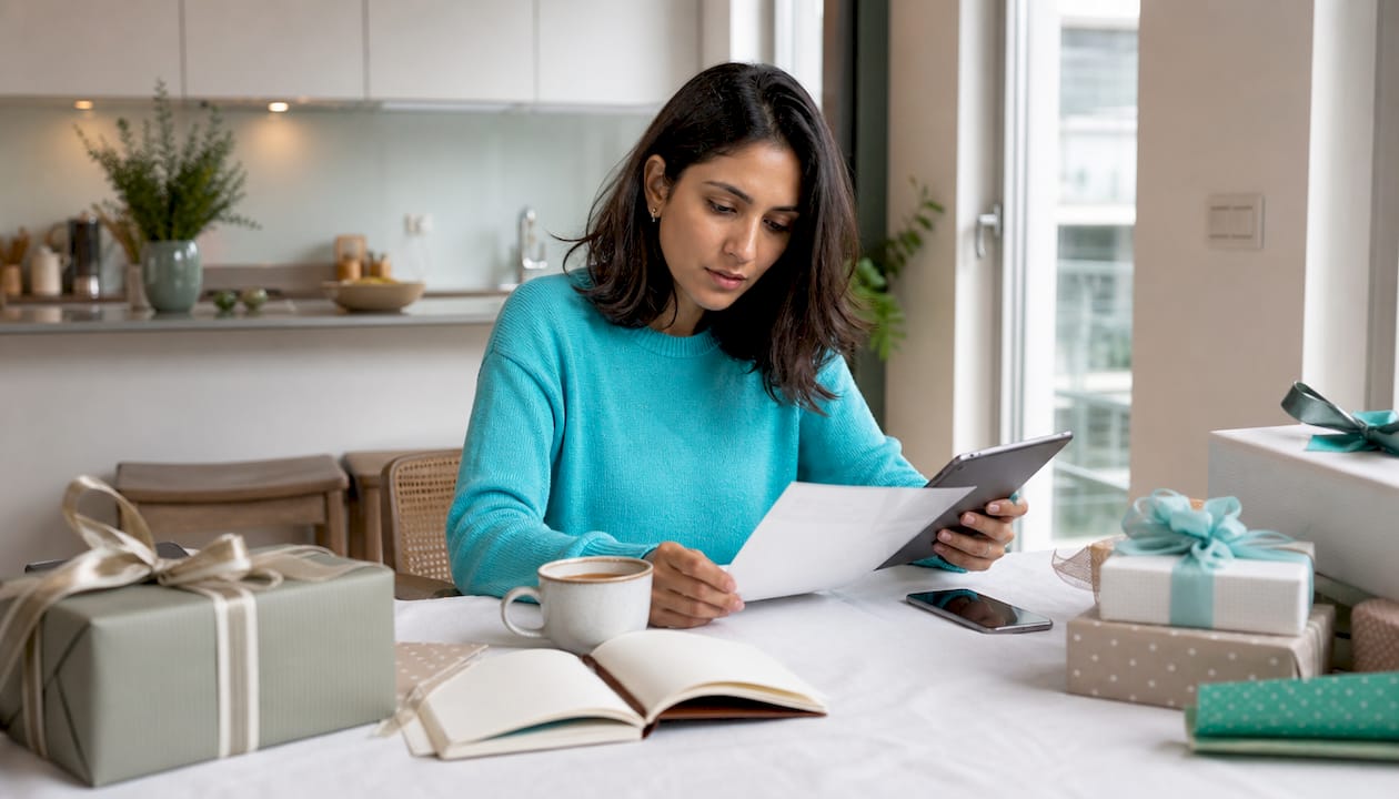 Woman comparing gift prices at kitchen table