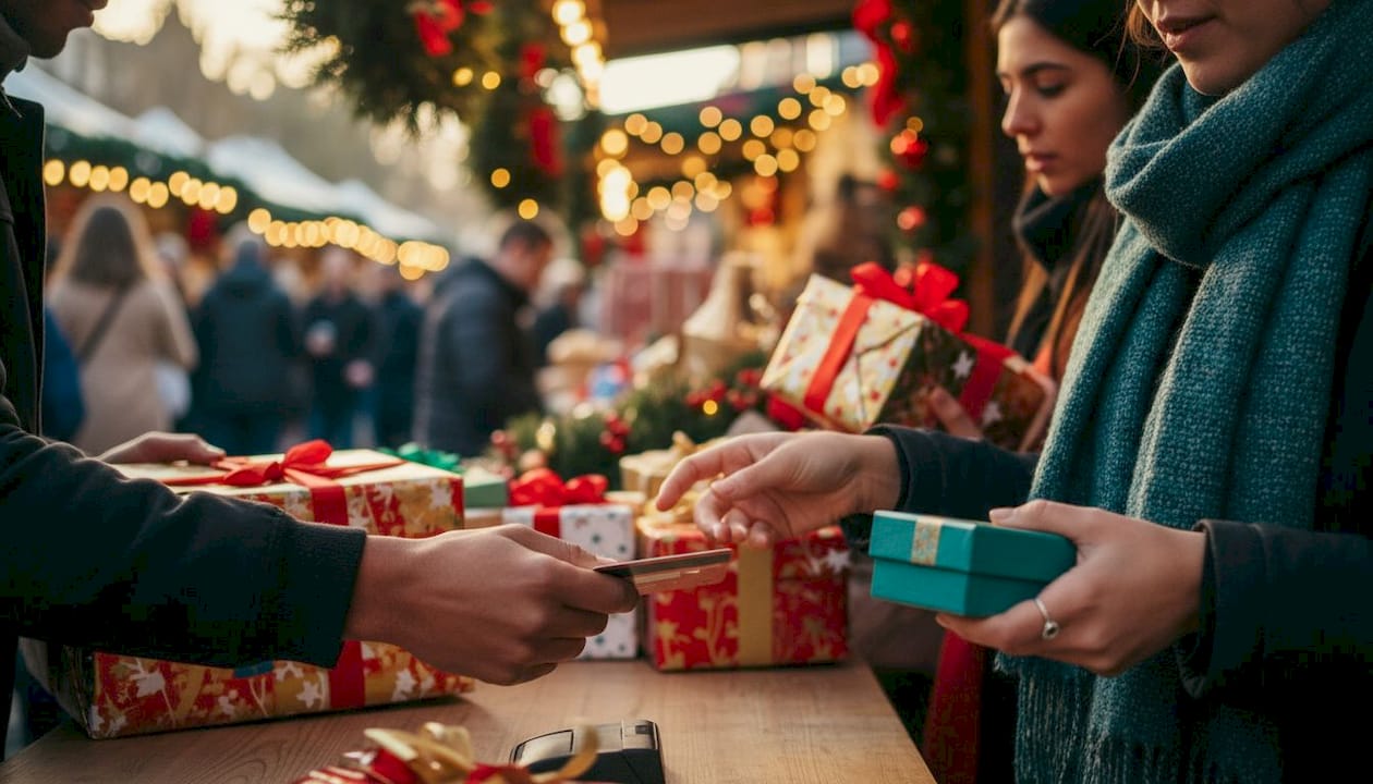 Hands holding gifts and credit card at retail checkout