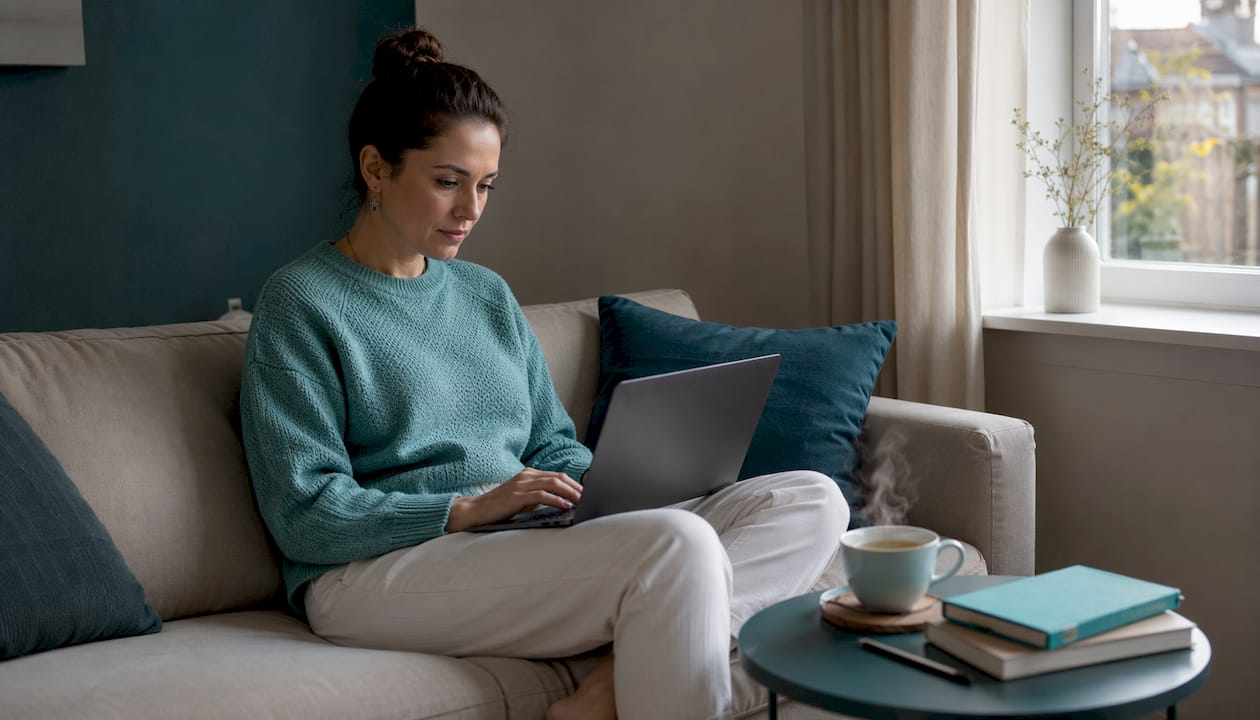 Woman browsing gift registry platforms on laptop