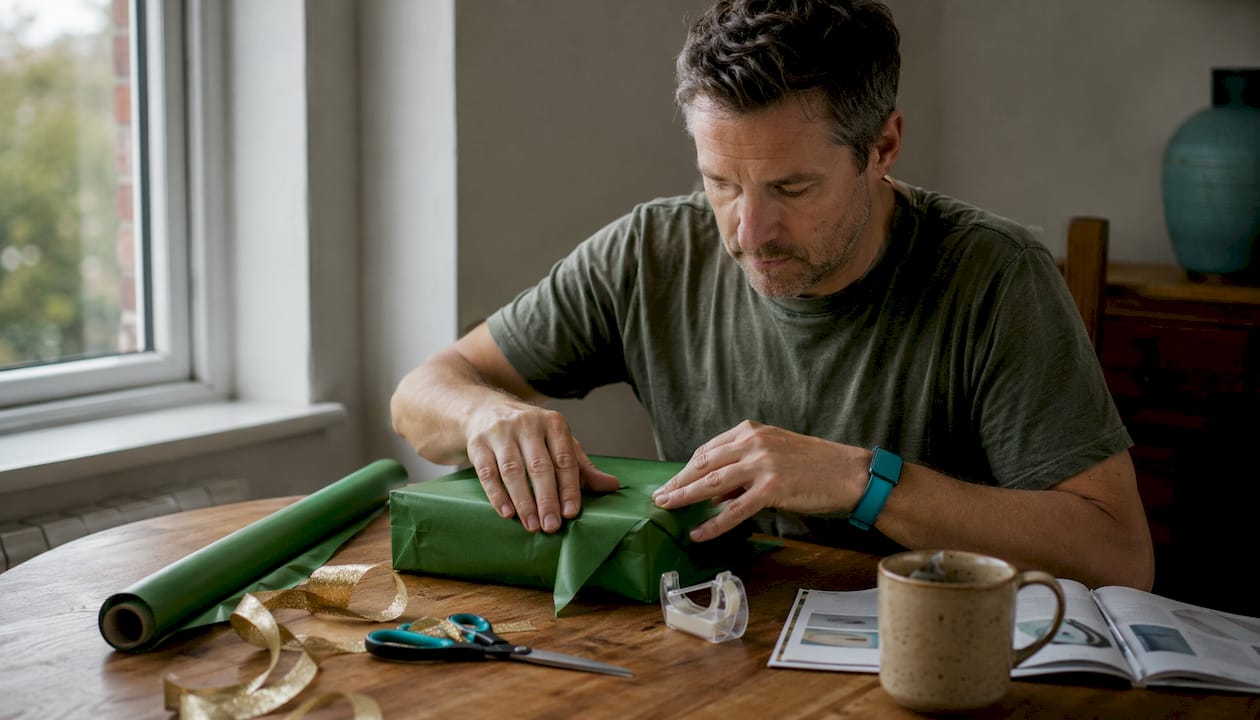 Hands wrapping traditional gift box on table