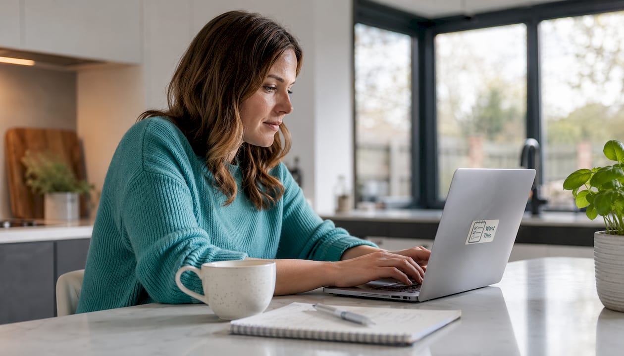 Woman reviewing UK wishlist on laptop at home