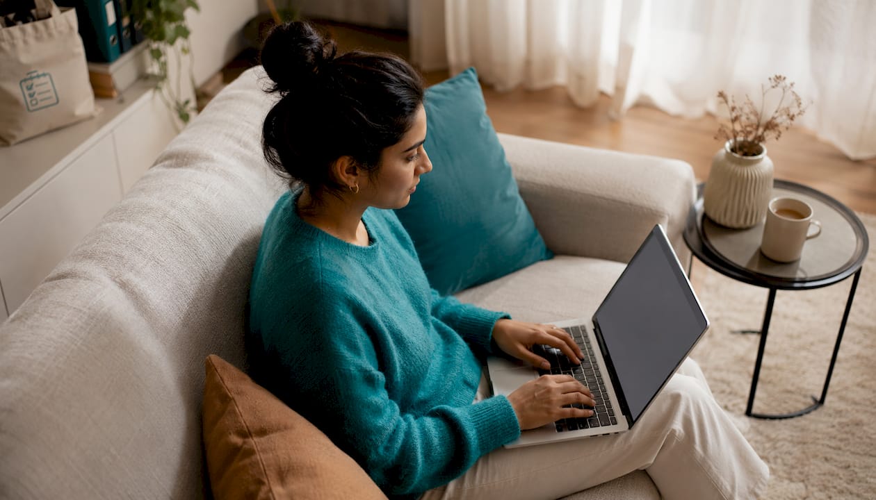 Woman browsing seamless gifting site on laptop