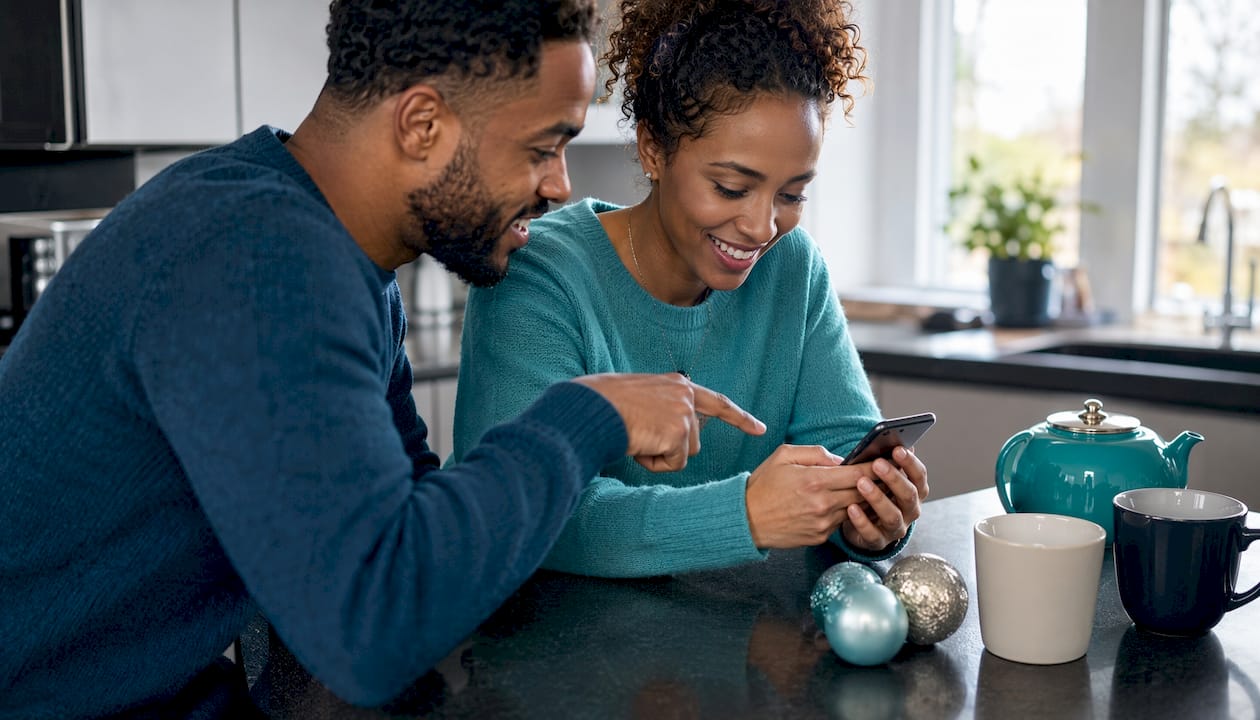 Overhead view of two people coordinating gift wishlist