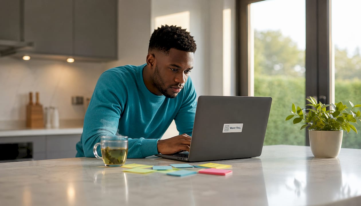 Young man privately reserving gifts at desk