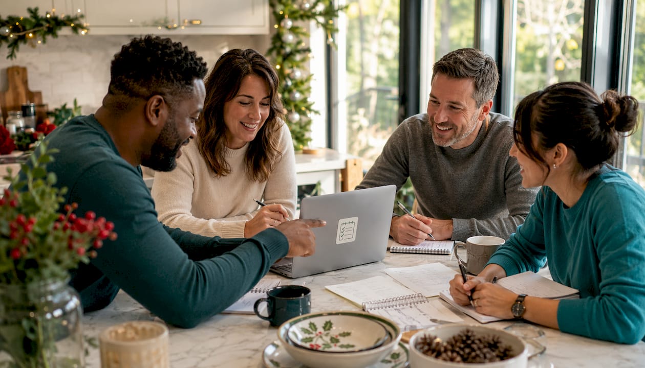 Group discussing Secret Santa spending limit at home