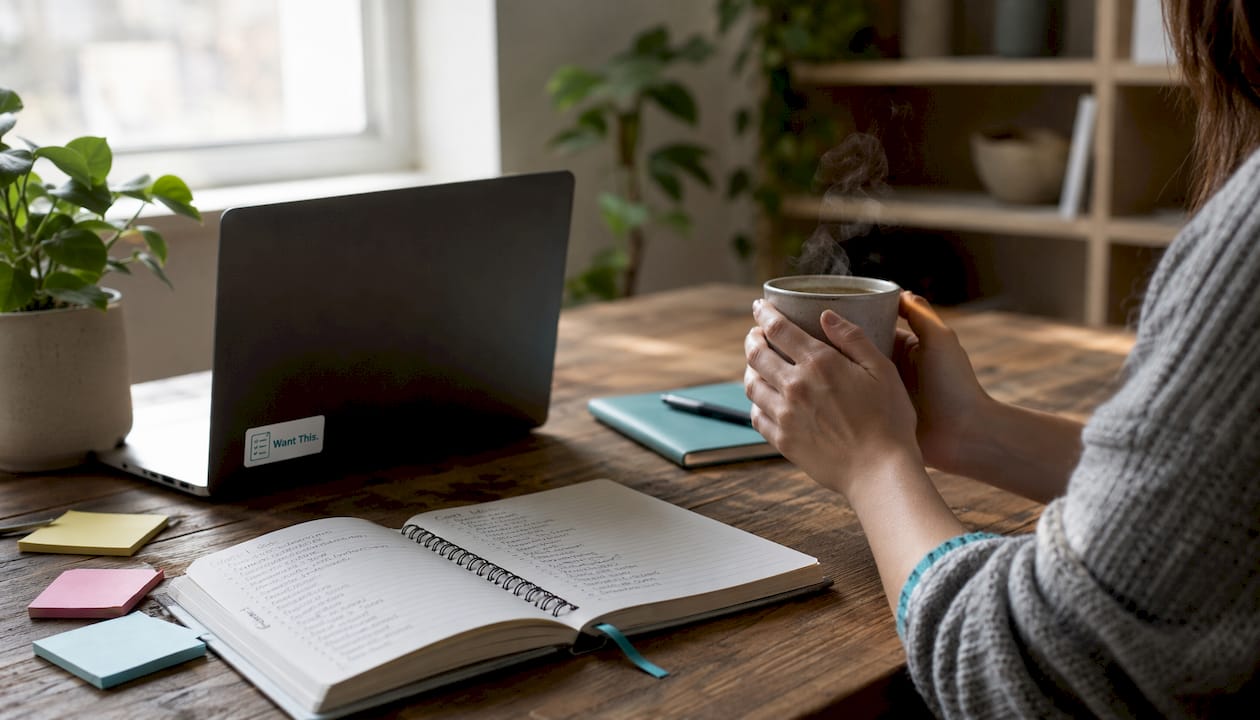 Hands managing multiple gift lists on desk