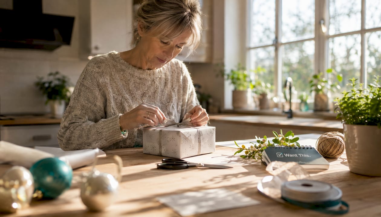 Woman wrapping a gift with natural materials at home
