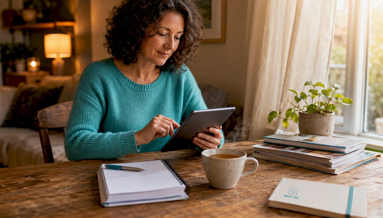 Woman updating family wishlist on tablet at kitchen table