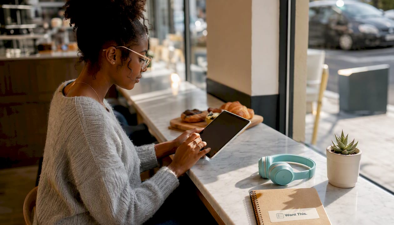 Woman using tablet to manage wishlist
