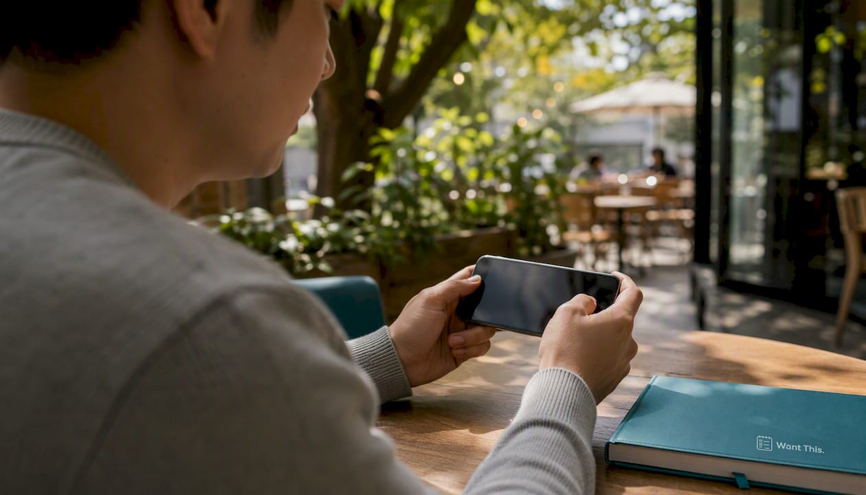 Hands using smartphone to correct gift marking