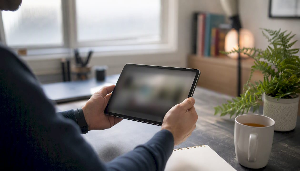 Hands holding tablet at home, price comparing