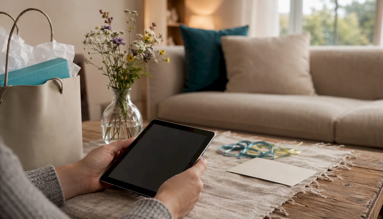 Hands holding tablet with gift list