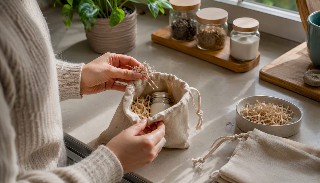Hands assembling hen party gift bag
