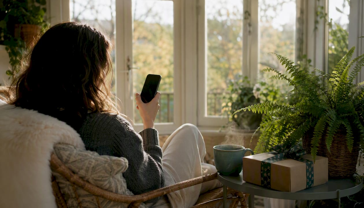 Hands holding smartphone for digital gift