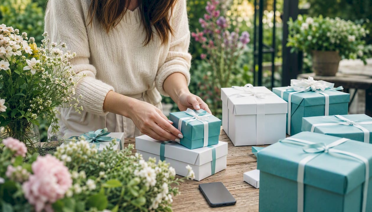 Hands placing wrapped birthday gifts on table