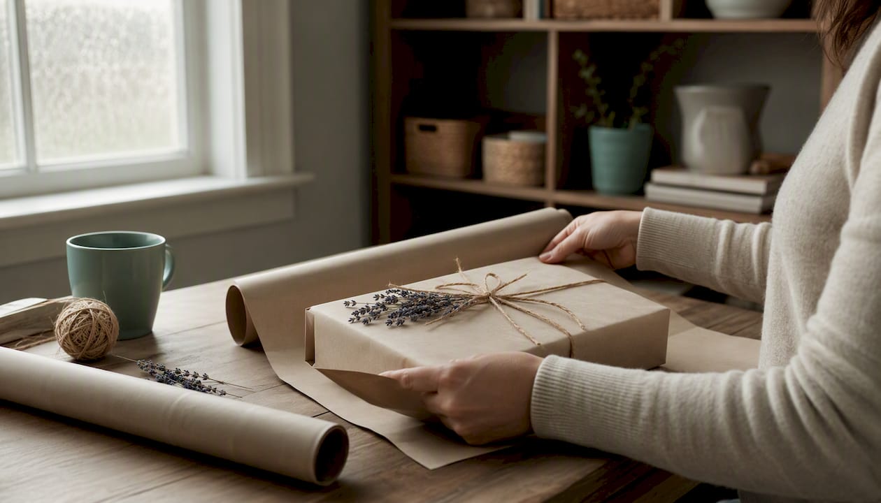 Hands wrapping a minimalistic gift with twine