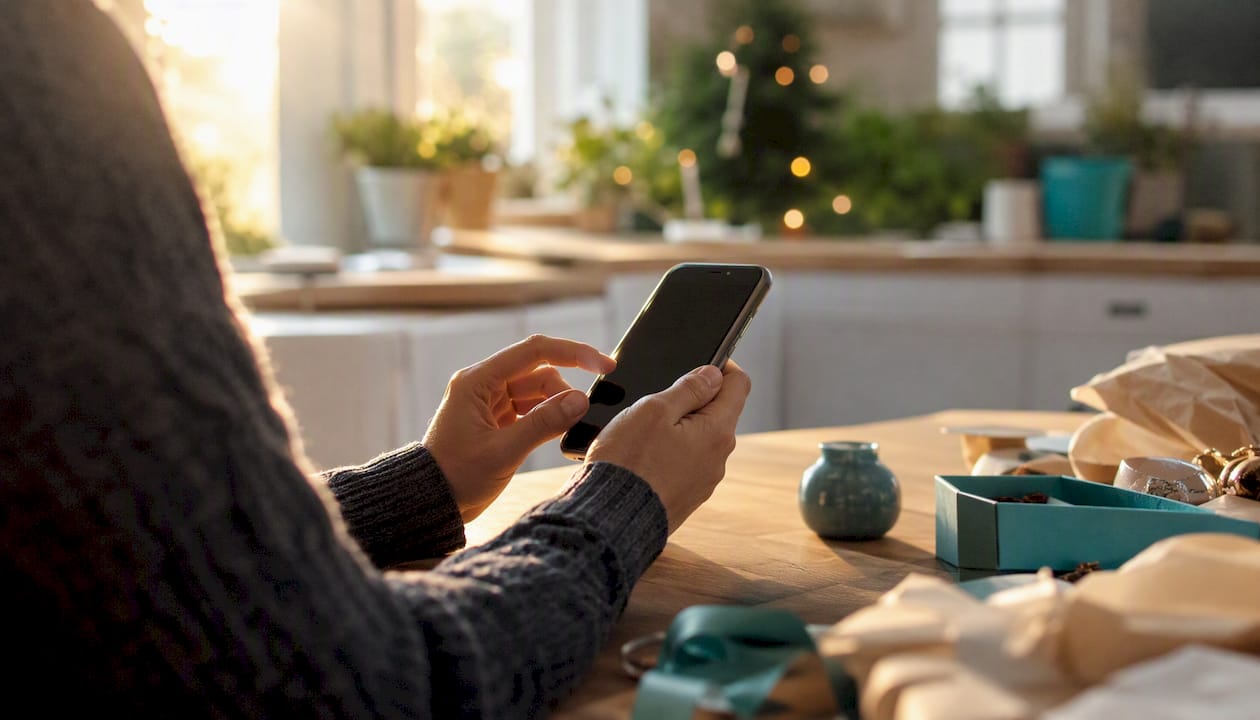 Hands adding gift product link on smartphone