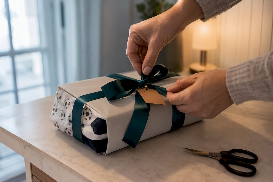 Hands wrapping an anonymous personalised football gift