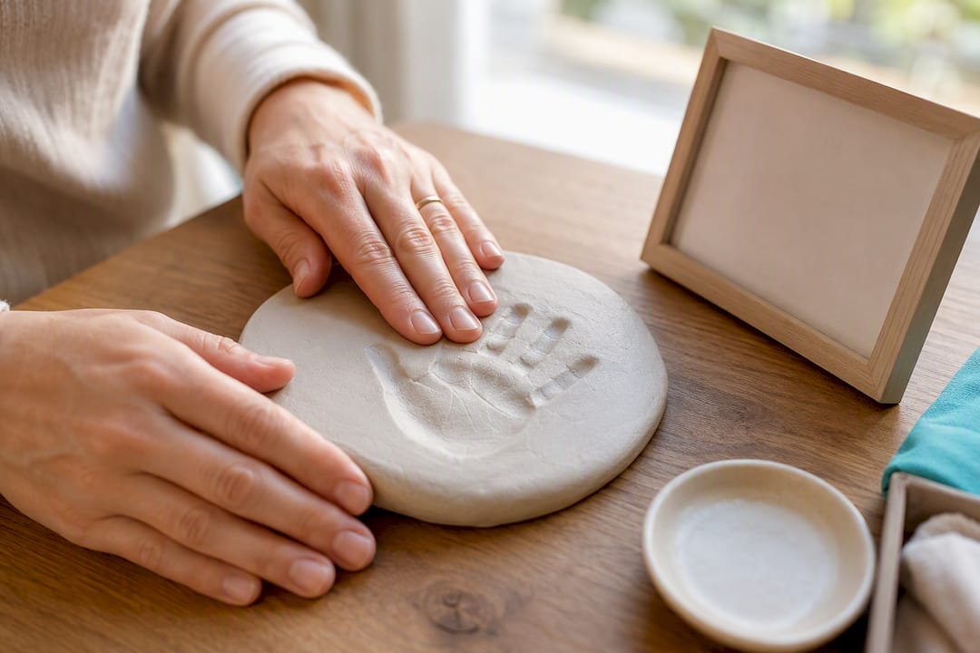 Hands creating a baby handprint keepsake