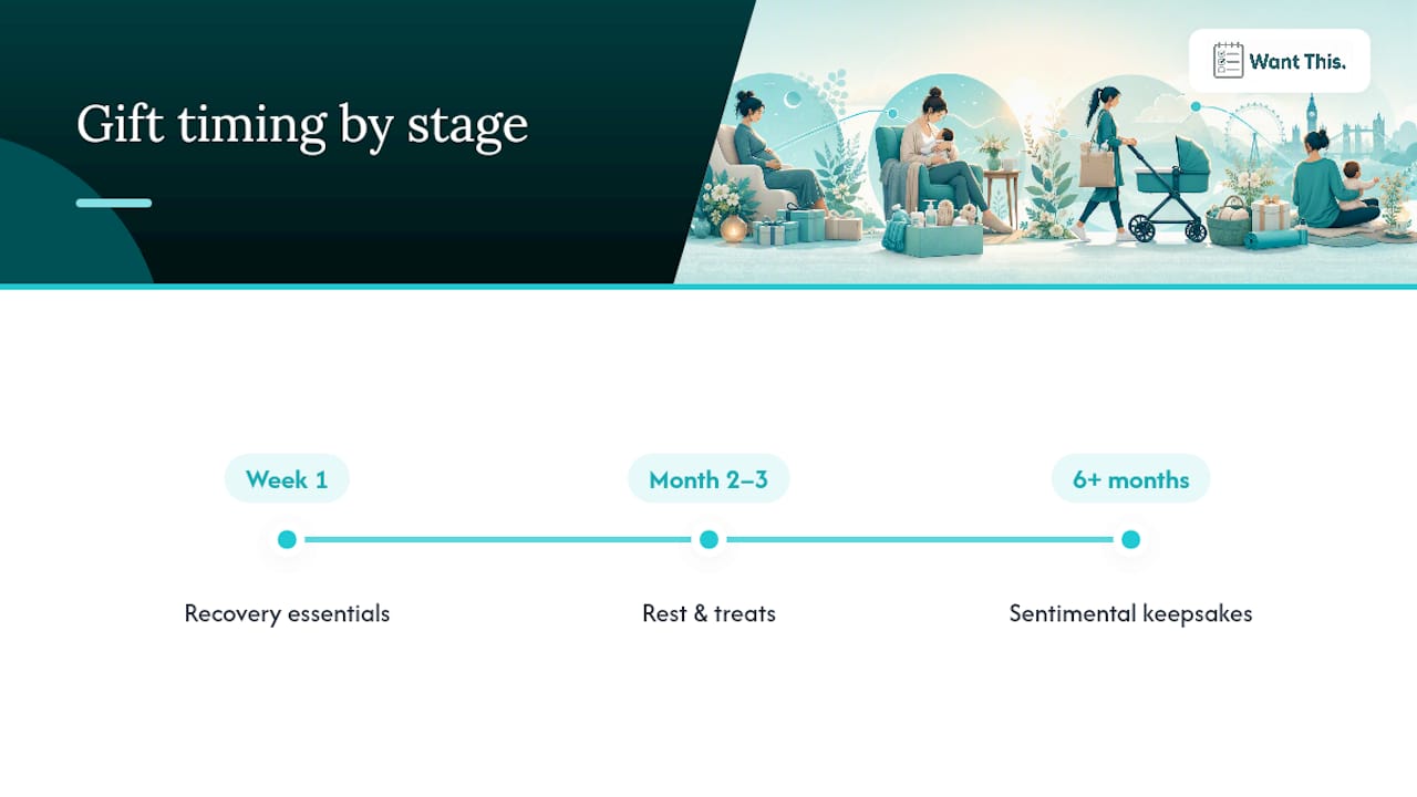 Timeline matching gifts to postpartum stages