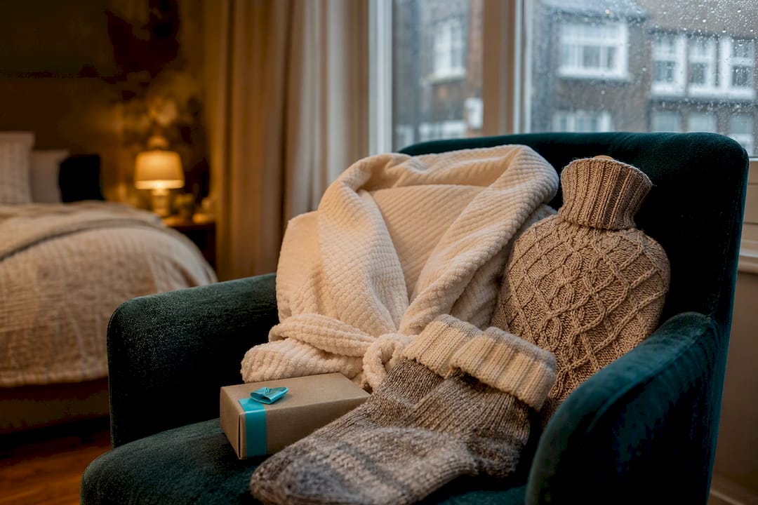 Postpartum gifts arranged beside a warm chair