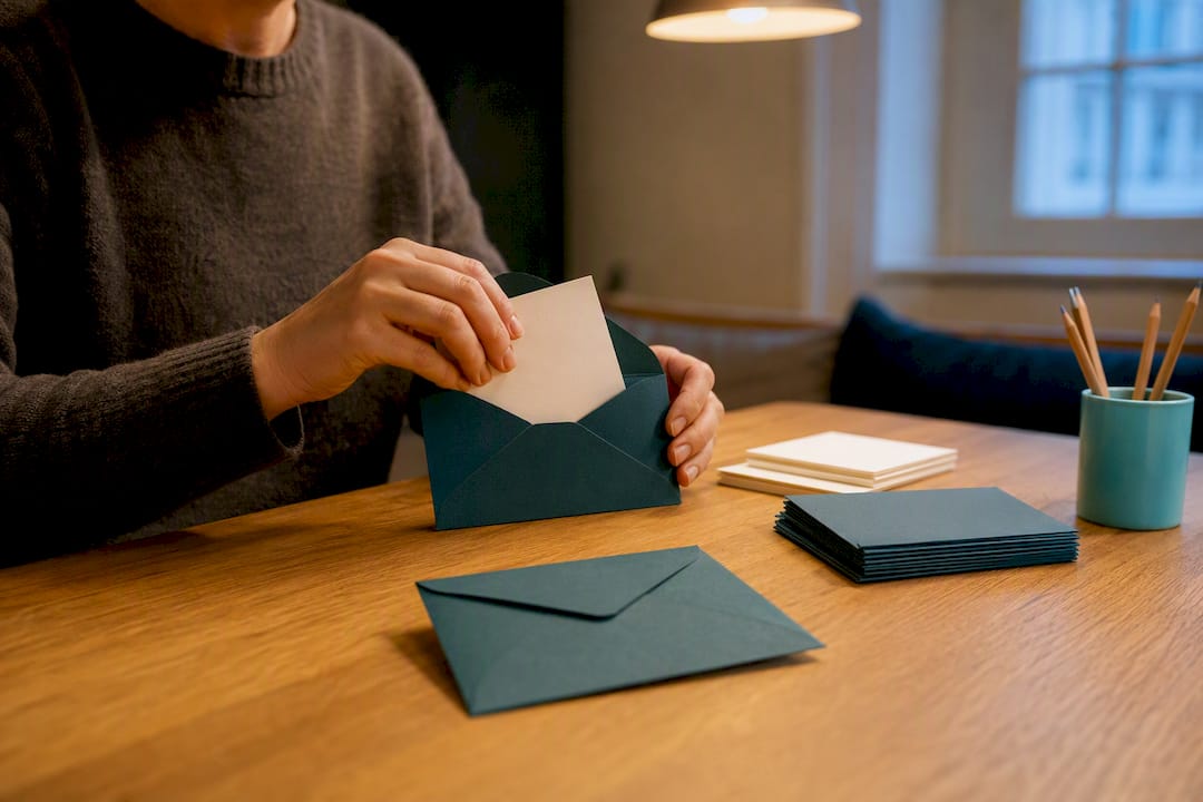 Hands sorting Secret Santa questionnaire envelopes