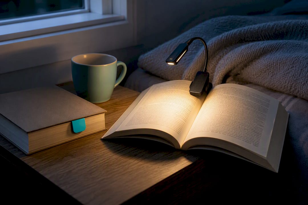 Bookmark and reading light beside books