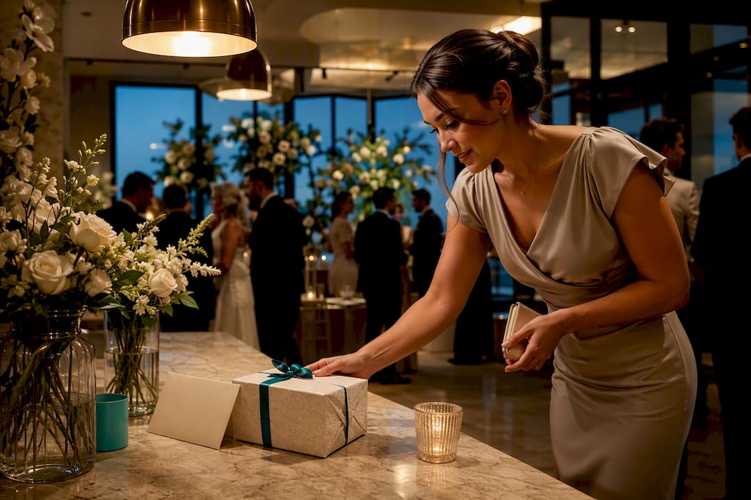 Wedding gift and card on reception table