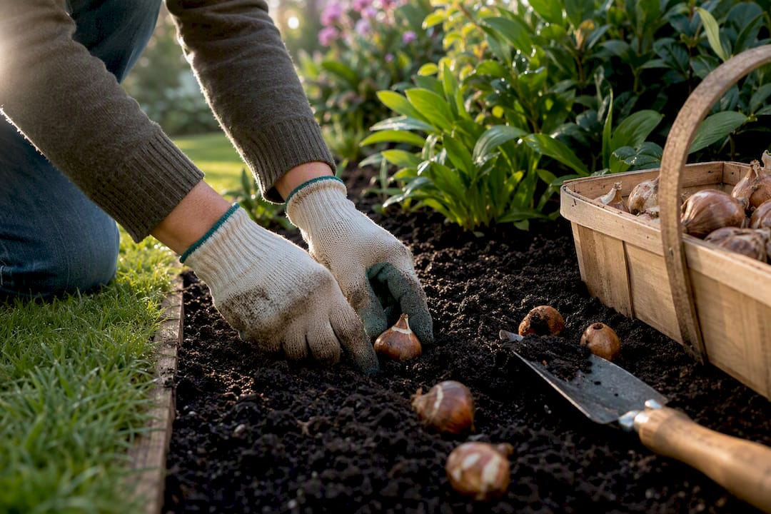 Hands planting spring bulbs in garden