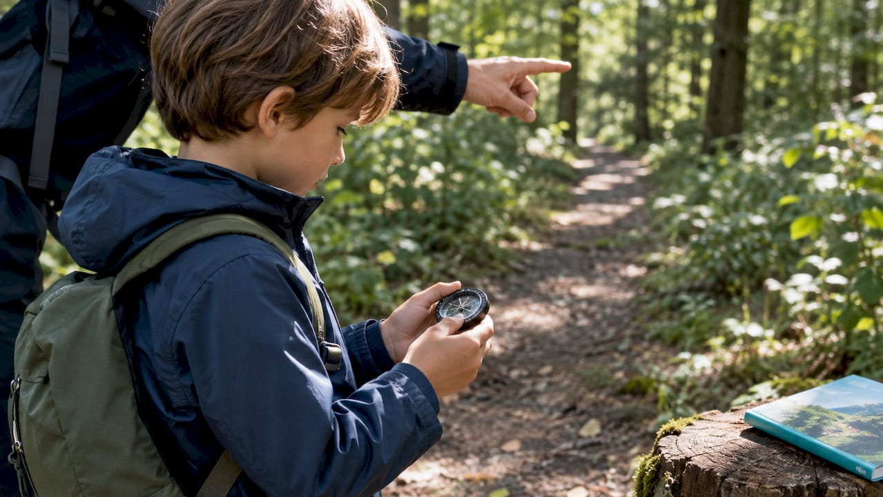 Child learning compass skills on woodland path
