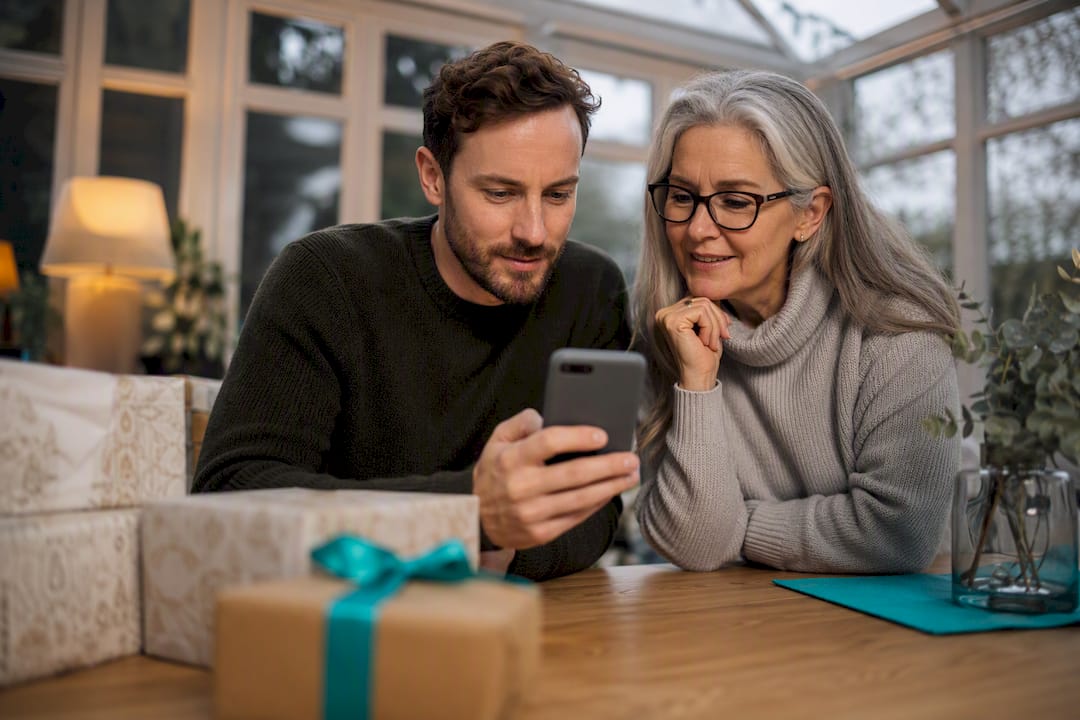 Family checking a shared gift list privately