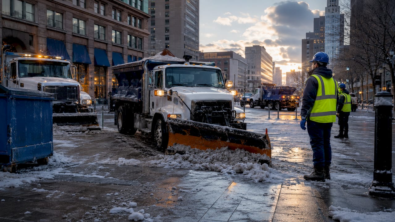 City street snow plow trucks in snow emergency operation
