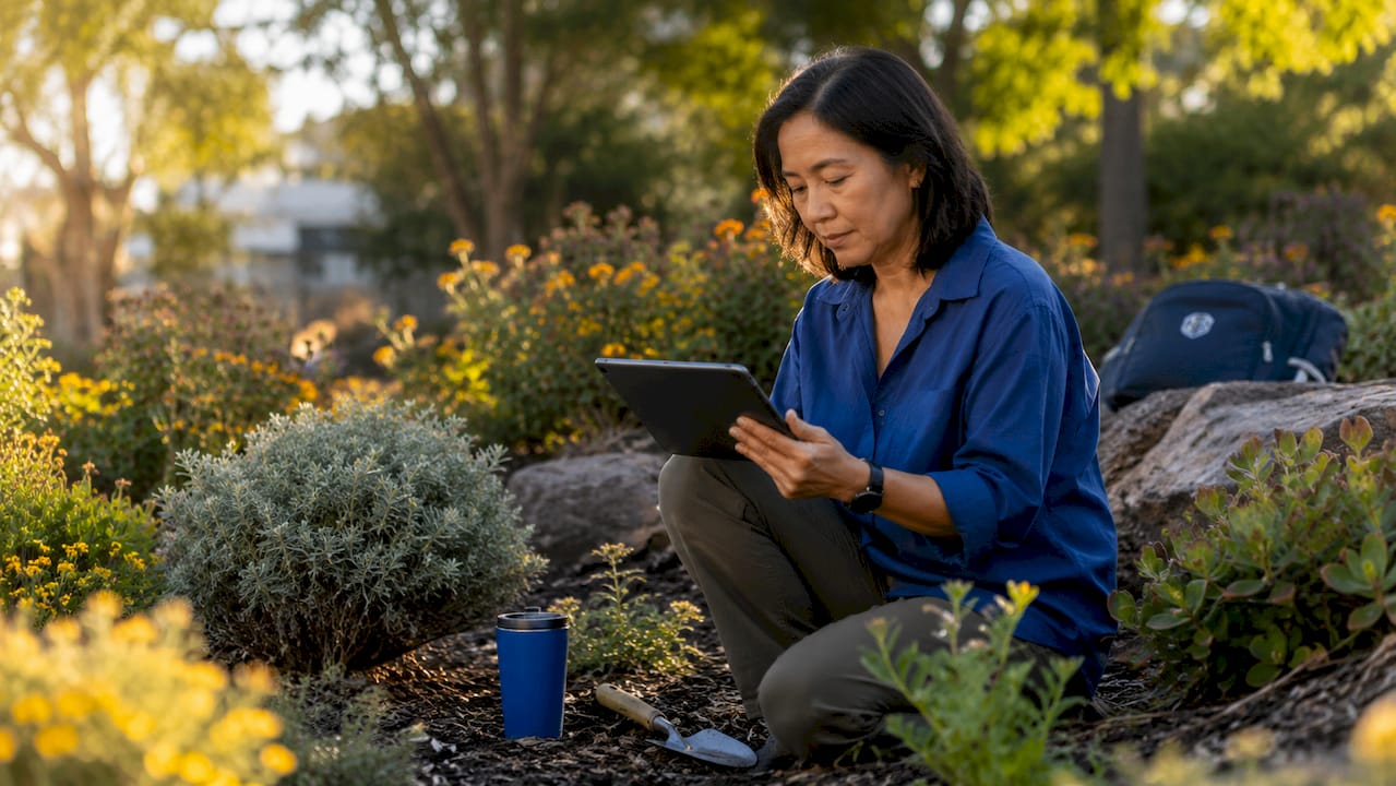 Landscape architect reviewing green landscape design