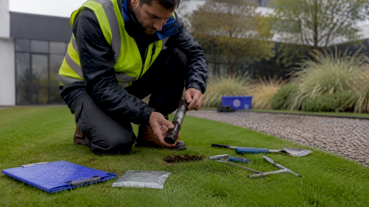 Landscape professional collecting soil samples outdoors