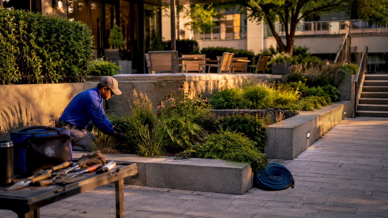 Strathmore Square outdoor terraces and plant care scene
