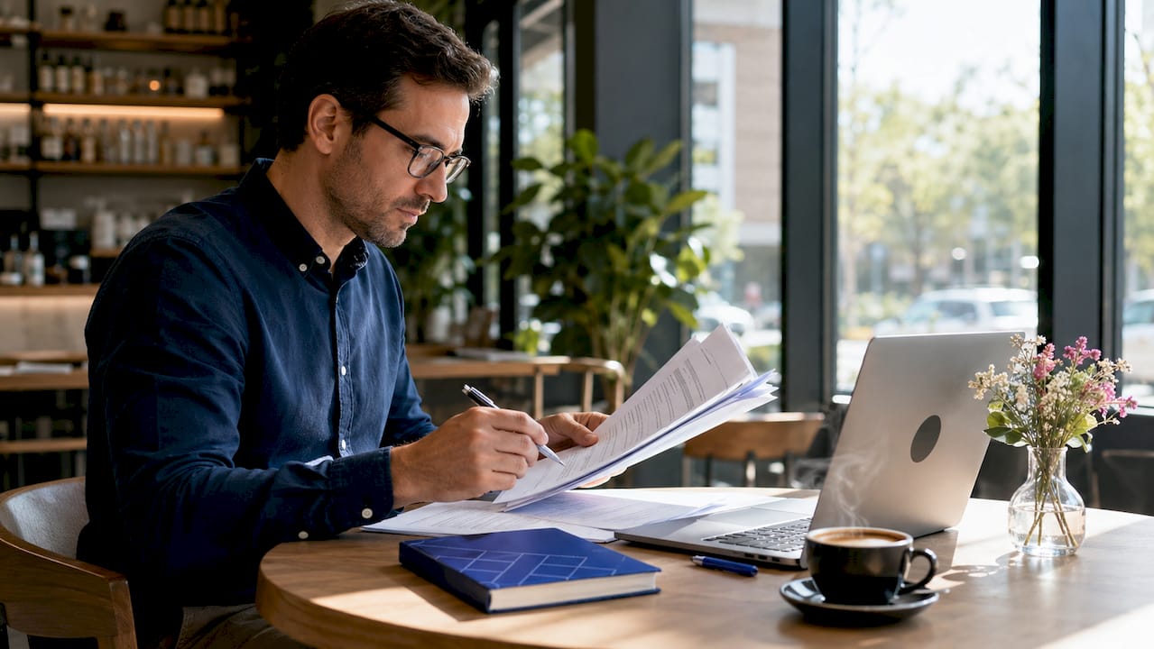 Facility manager reviewing bundled service contracts at desk