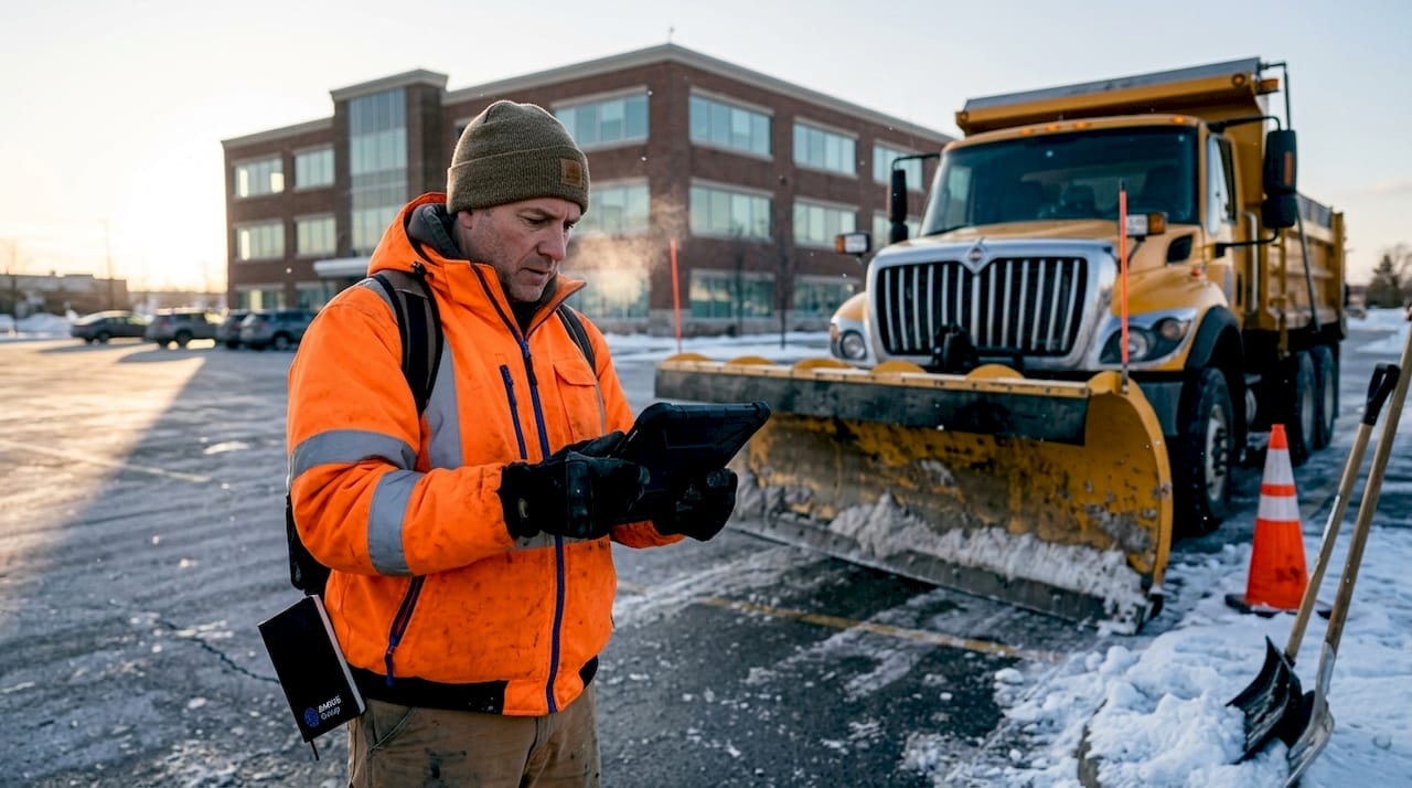 Snow removal crew member checking tablet outdoors