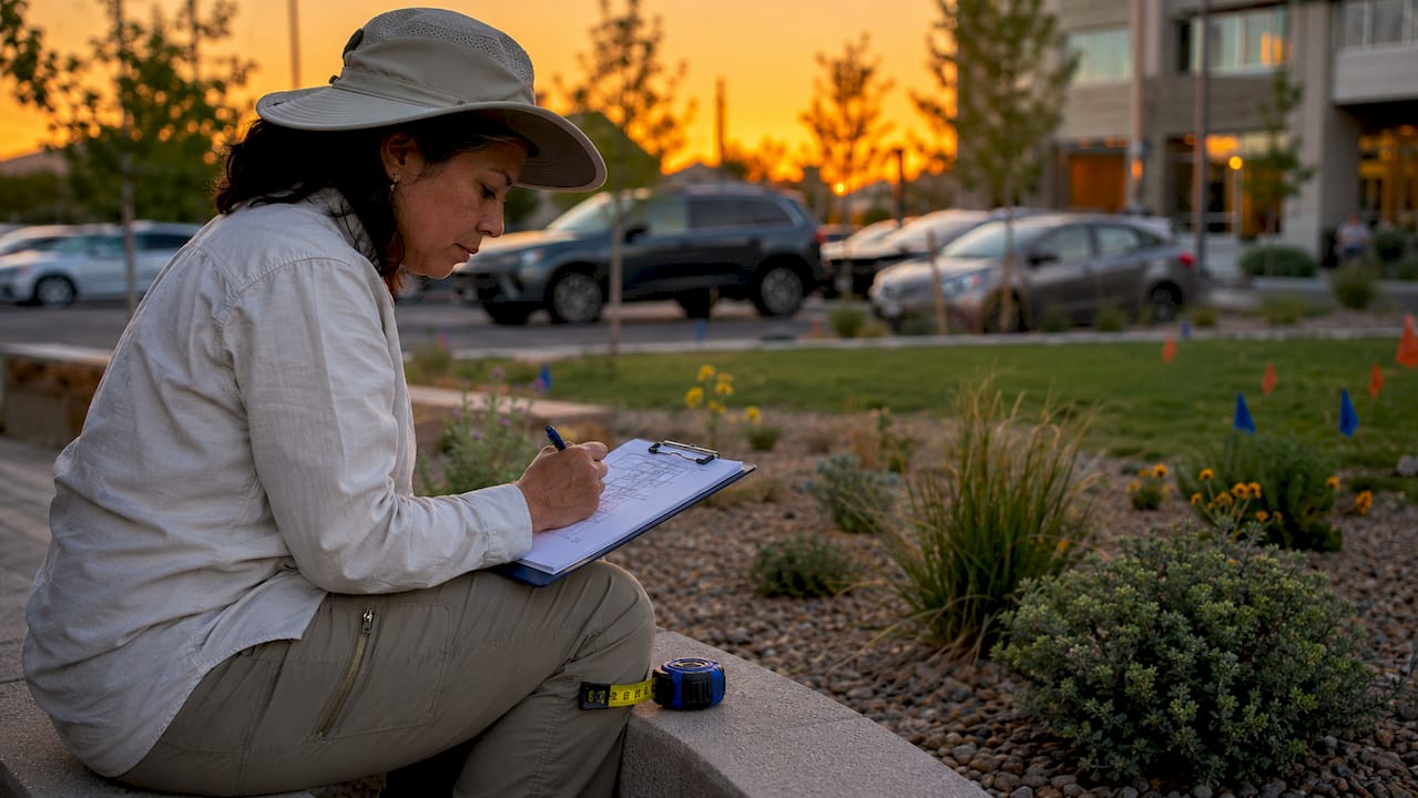 Landscape architect conducting site audit outdoors