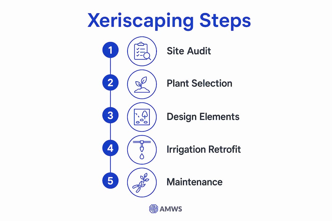 Infographic showing steps of drought-resistant landscaping process