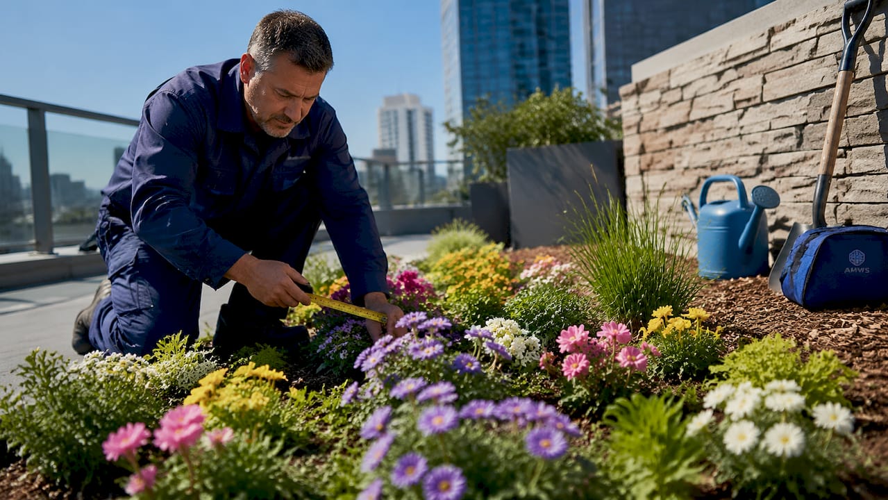 Landscaper inspecting shrubs on commercial property