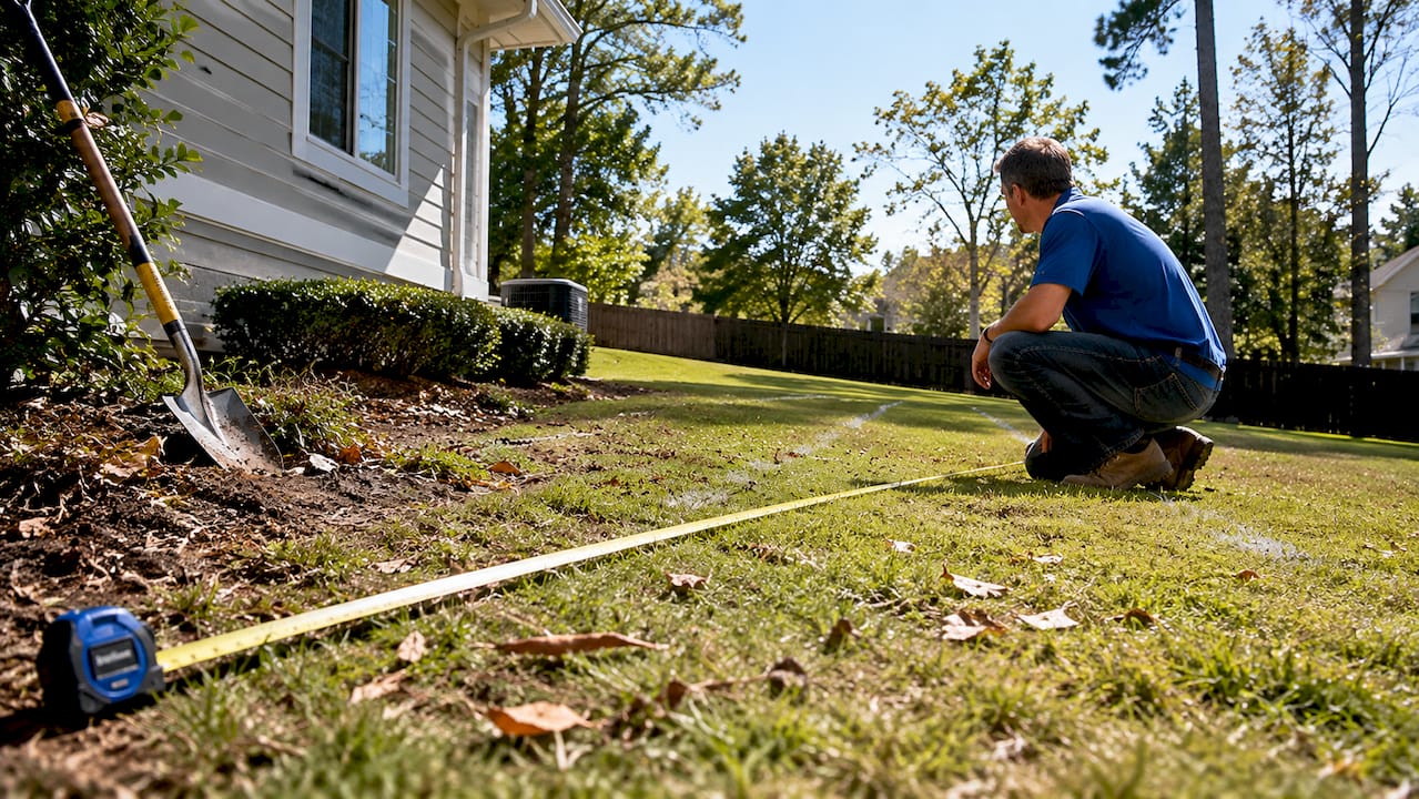 Landscape Drainage Management: A Property Owner's Guide 1 Homeowner inspecting yard drainage slope