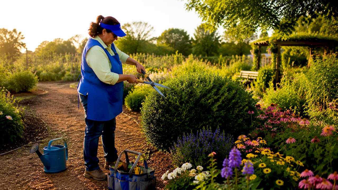 Gardener pruning shrubs in landscape bed